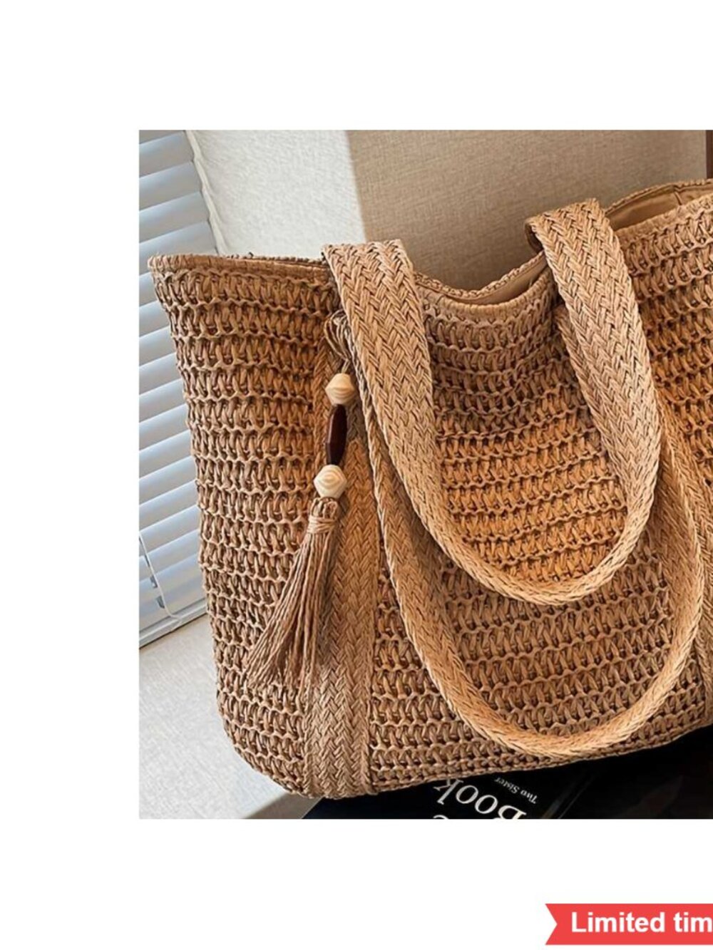 Large Capacity Woven Tote Bag with Zippered Closure Polyester Lining